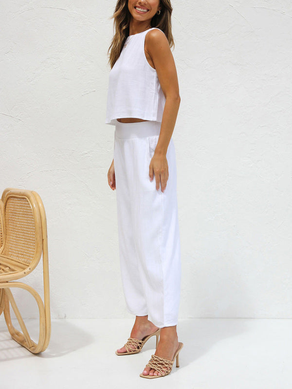 GR | Women's Casual Sleeveless Button-Down Vest with Wide-Leg Trousers, Cotton and Linen Suit