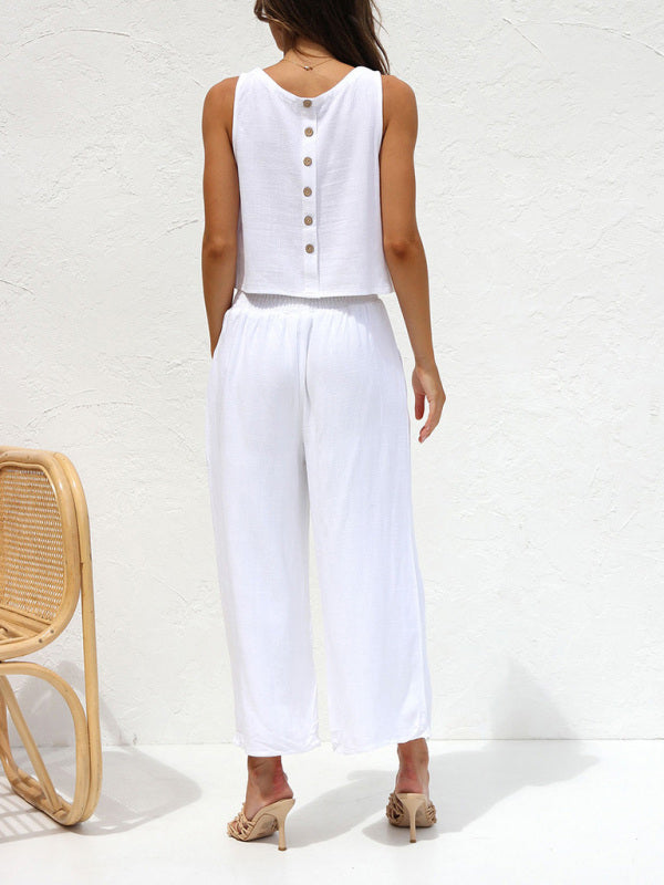 GR | Women's Casual Sleeveless Button-Down Vest with Wide-Leg Trousers, Cotton and Linen Suit