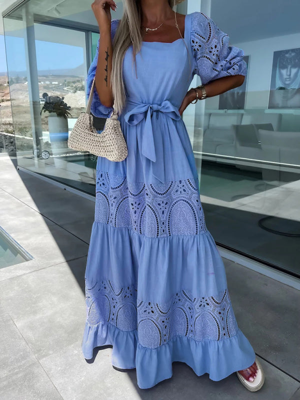 GR | Women's Woven Square Neckline Hollow Crochet Mosaic Casual Long Dress