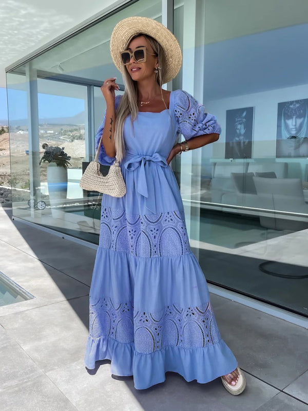 GR | Women's Woven Square Neckline Hollow Crochet Mosaic Casual Long Dress