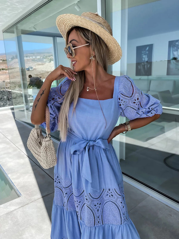 GR | Women's Woven Square Neckline Hollow Crochet Mosaic Casual Long Dress
