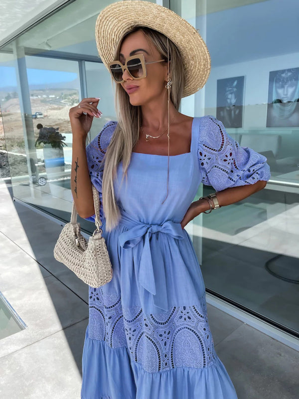 GR | Women's Woven Square Neckline Hollow Crochet Mosaic Casual Long Dress