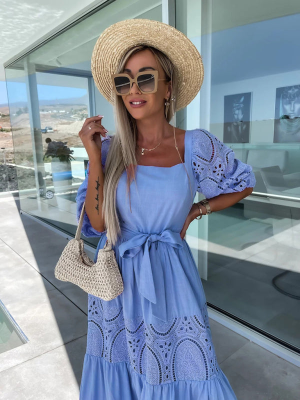 GR | Women's Woven Square Neckline Hollow Crochet Mosaic Casual Long Dress