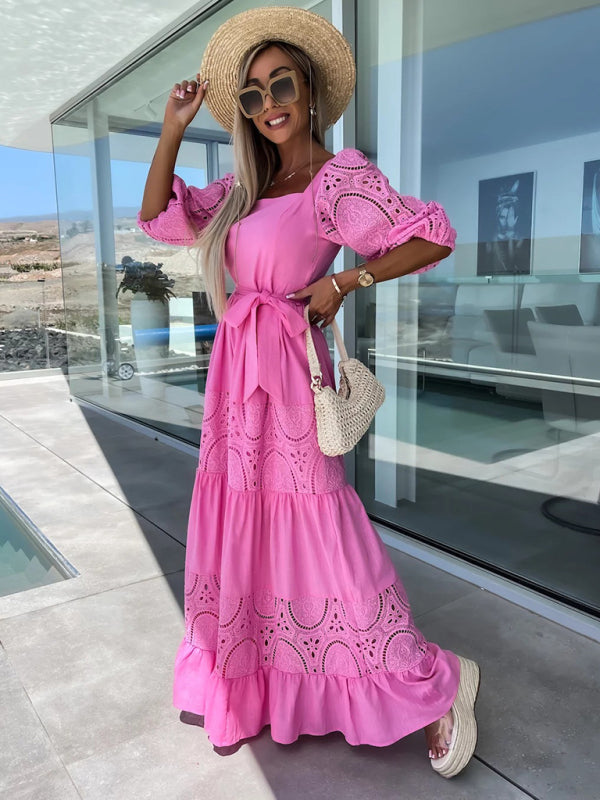 GR | Women's Woven Square Neckline Hollow Crochet Mosaic Casual Long Dress
