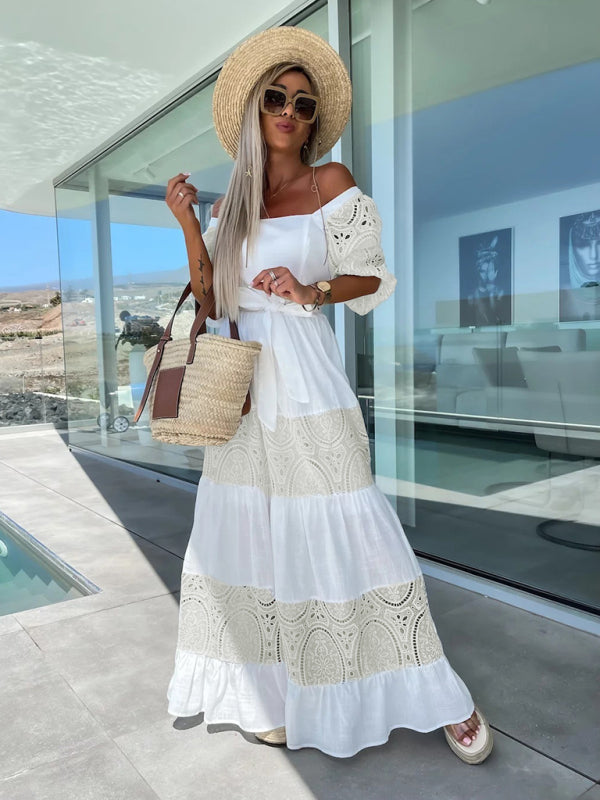 GR | Women's Woven Square Neckline Hollow Crochet Mosaic Casual Long Dress
