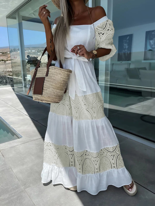 GR | Women's Woven Square Neckline Hollow Crochet Mosaic Casual Long Dress