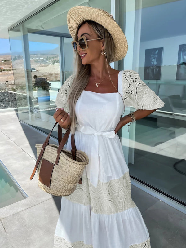 GR | Women's Woven Square Neckline Hollow Crochet Mosaic Casual Long Dress