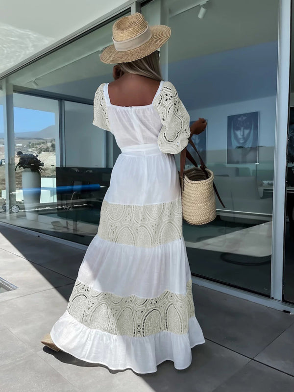 GR | Women's Woven Square Neckline Hollow Crochet Mosaic Casual Long Dress