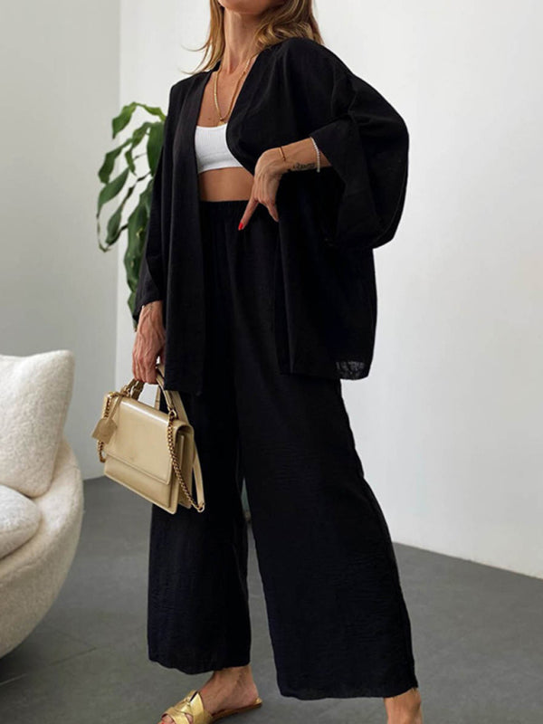 GR | New Cotton and Linen Suit Cardigan Long-Sleeved Top Pocket Wide-Leg Trousers Two-Piece Set