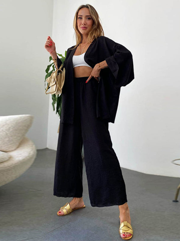 GR | New Cotton and Linen Suit Cardigan Long-Sleeved Top Pocket Wide-Leg Trousers Two-Piece Set