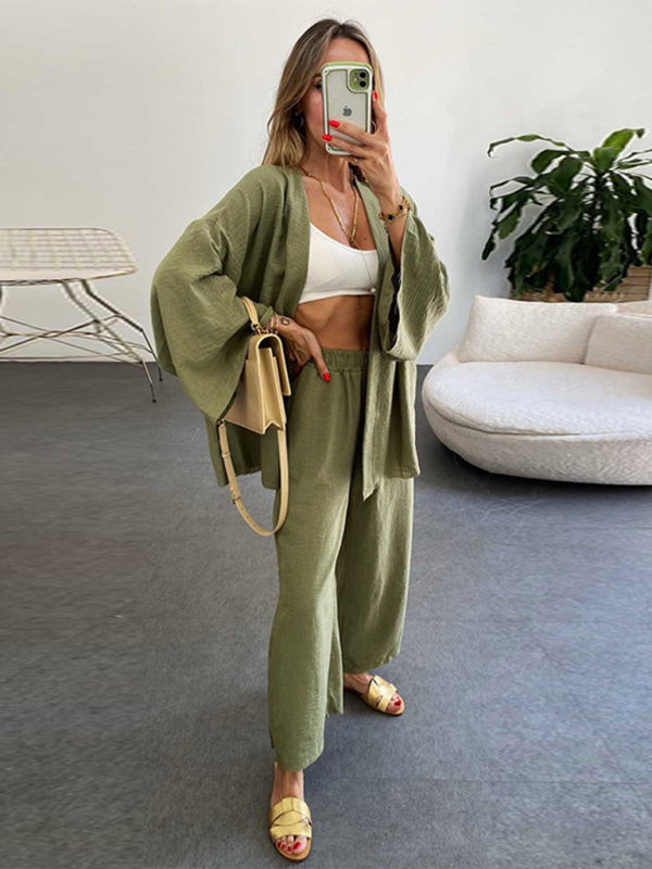 GR | New Cotton and Linen Suit Cardigan Long-Sleeved Top Pocket Wide-Leg Trousers Two-Piece Set