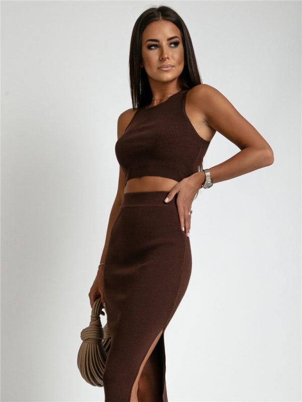 GR | Knit Slim Tank Top Slit Short Skirt Two-Piece Set 