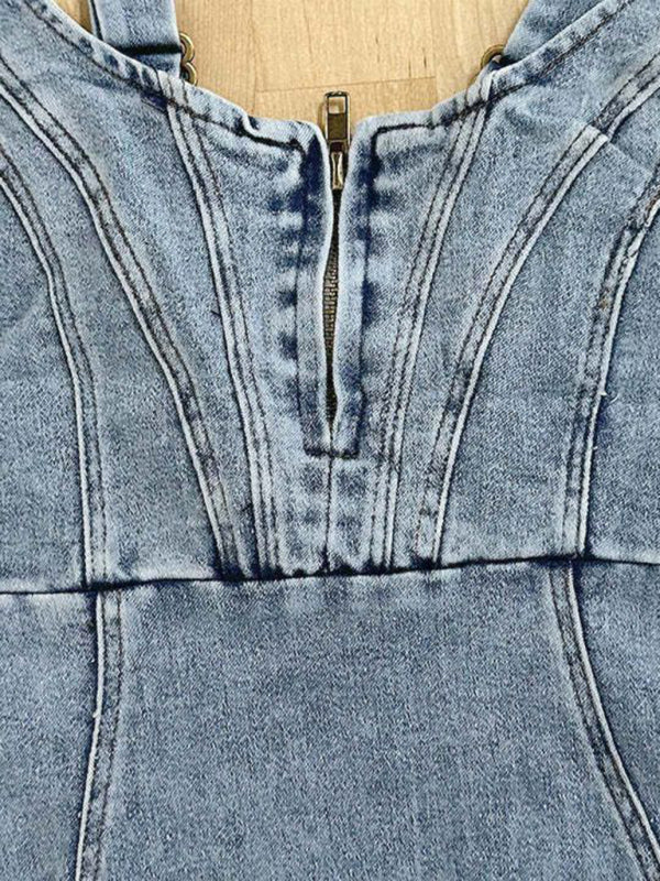 GR | Short-sleeved U-neck strappy casual denim dress