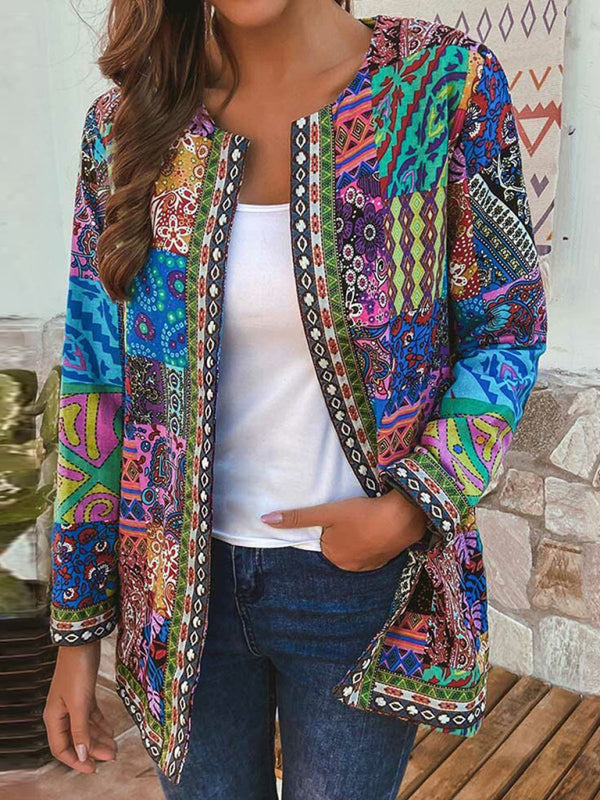 GR | Lässige retro Baumwolle und Leinen bedruckte lockere langärmelige Cardiganjacke