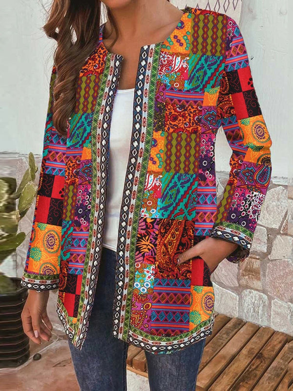GR | Lässige retro Baumwolle und Leinen bedruckte lockere langärmelige Cardiganjacke