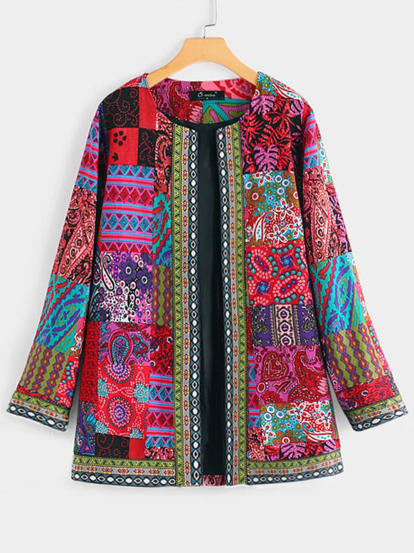 GR | Lässige retro Baumwolle und Leinen bedruckte lockere langärmelige Cardiganjacke