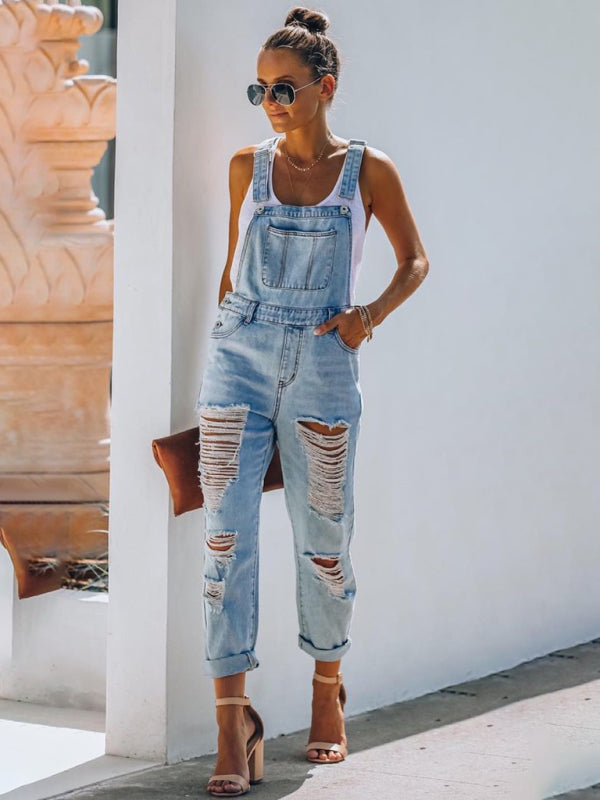 GR | New Style Casual Commuter Ripped Mid Waist Denim Overall