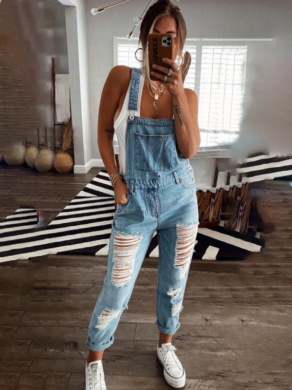 GR | New Style Casual Commuter Ripped Mid Waist Denim Overall
