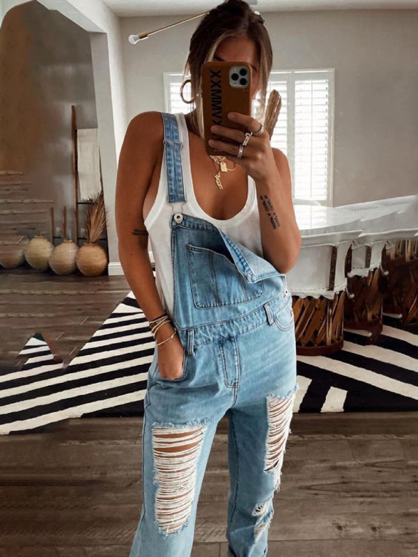 GR | New Style Casual Commuter Ripped Mid Waist Denim Overall