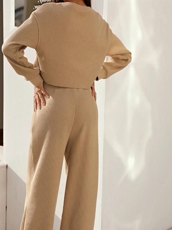 GR | Women's Two-Piece Set, Round Neck, Long Sleeves, Wide Leg Trousers