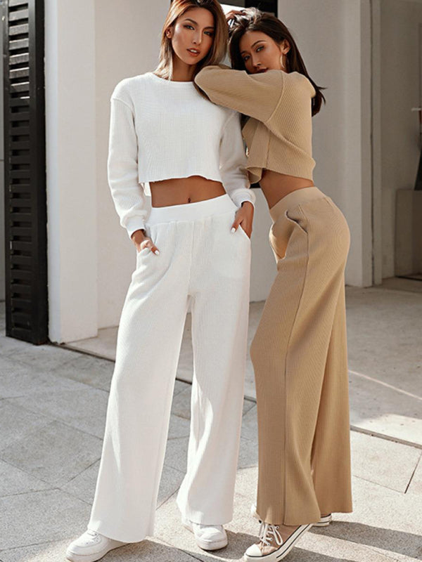 GR | Women's Two-Piece Set, Round Neck, Long Sleeves, Wide Leg Trousers