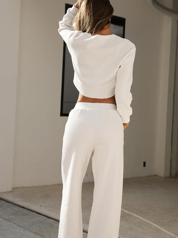 GR | Women's Two-Piece Set, Round Neck, Long Sleeves, Wide Leg Trousers