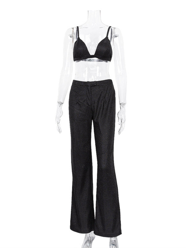 GR | New camisole, slim straight high-waisted trousers, sexy sequined jacket suit set (three-piece set) 