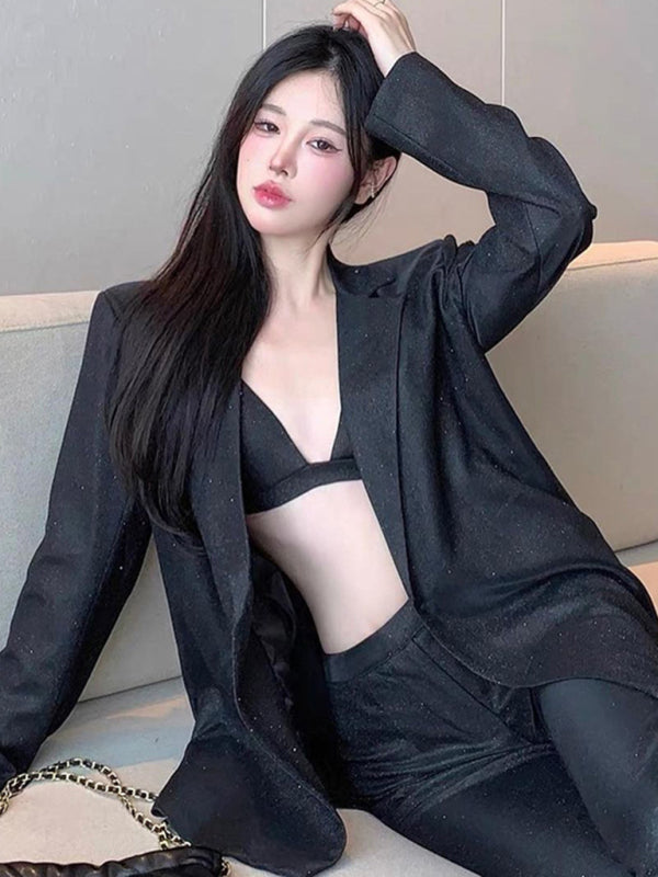 GR | New camisole, slim straight high-waisted trousers, sexy sequined jacket suit set (three-piece set) 