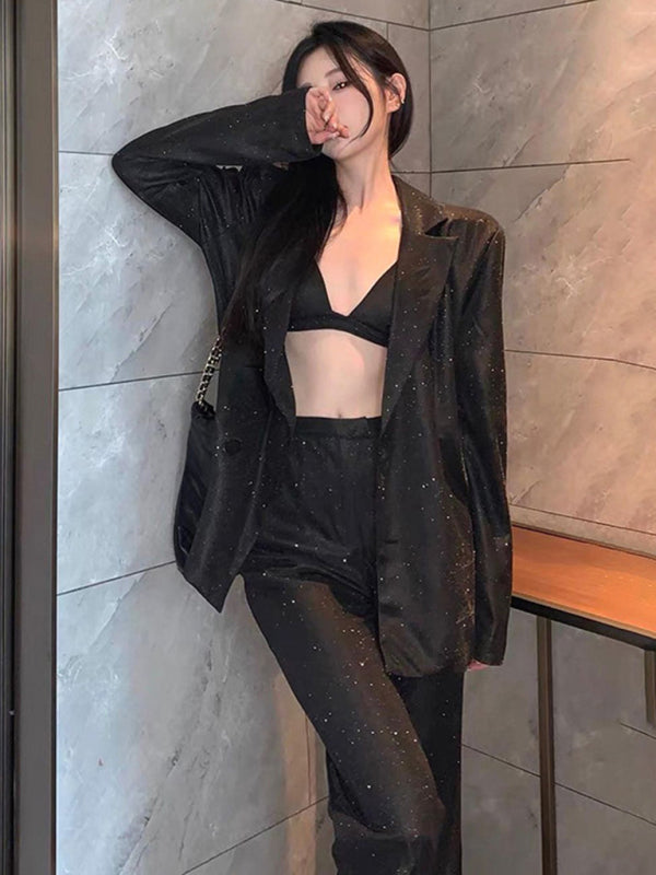GR | New camisole, slim straight high-waisted trousers, sexy sequined jacket suit set (three-piece set) 