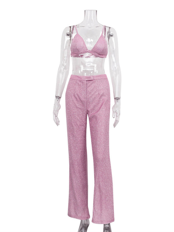 GR | New camisole, slim straight high-waisted trousers, sexy sequined jacket suit set (three-piece set) 