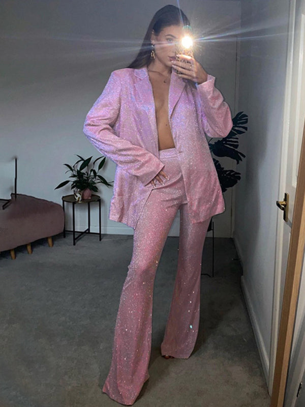 GR | New camisole, slim straight high-waisted trousers, sexy sequined jacket suit set (three-piece set) 