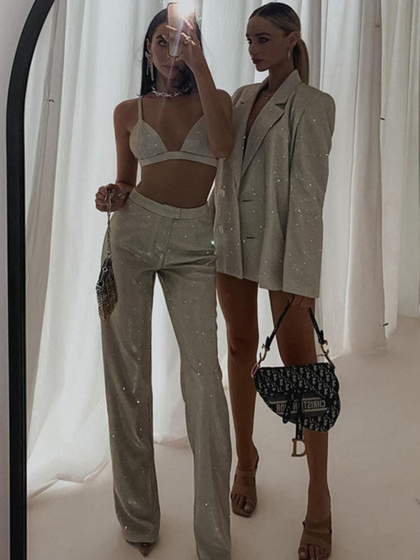 GR | New camisole, slim straight high-waisted trousers, sexy sequined jacket suit set (three-piece set) 