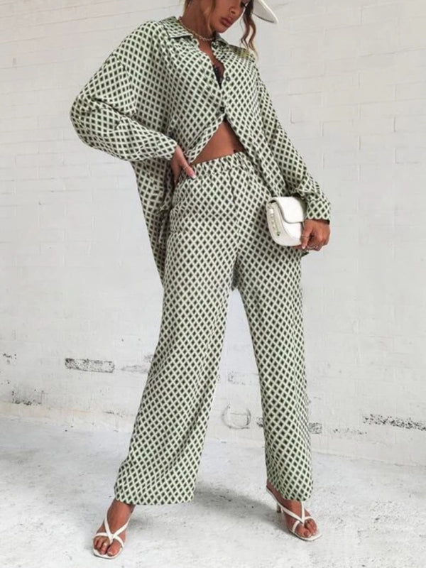 GR | Printed long-sleeved button-up shirt & trousers set