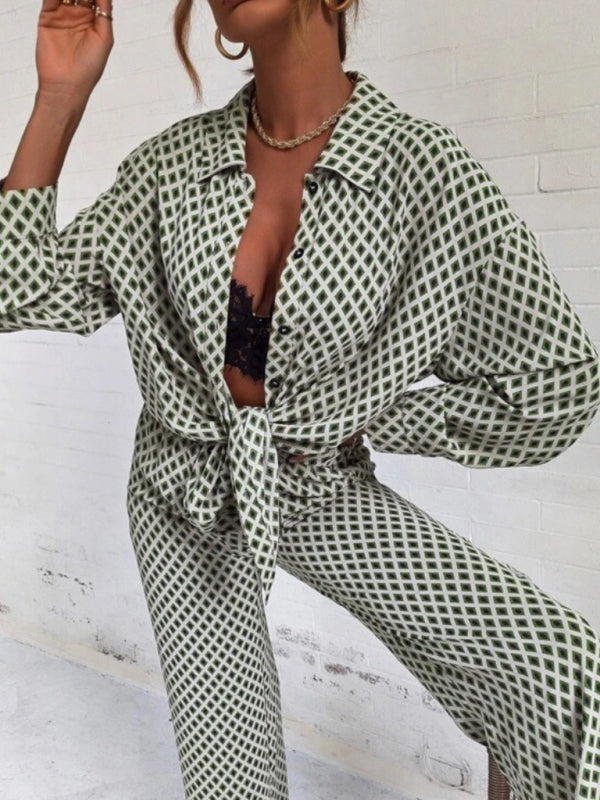 GR | Printed long-sleeved button-up shirt & trousers set