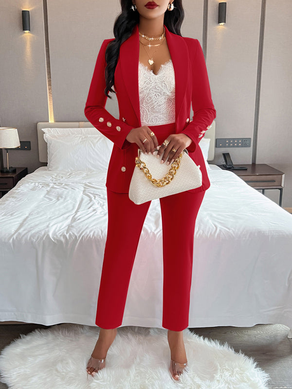 GR | Women's solid color suit with lapels, double-button casual suit 