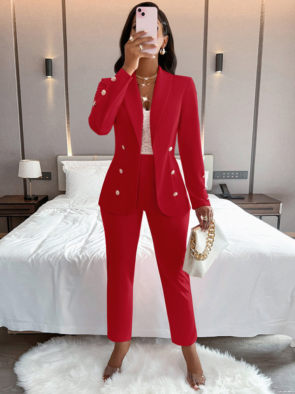 GR | Women's solid color suit with lapels, double-button casual suit 