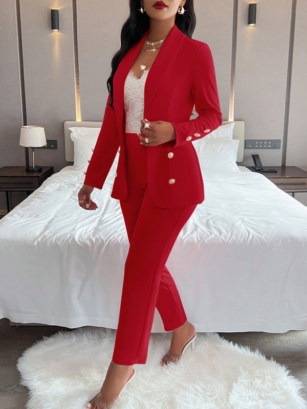 GR | Women's solid color suit with lapels, double-button casual suit 