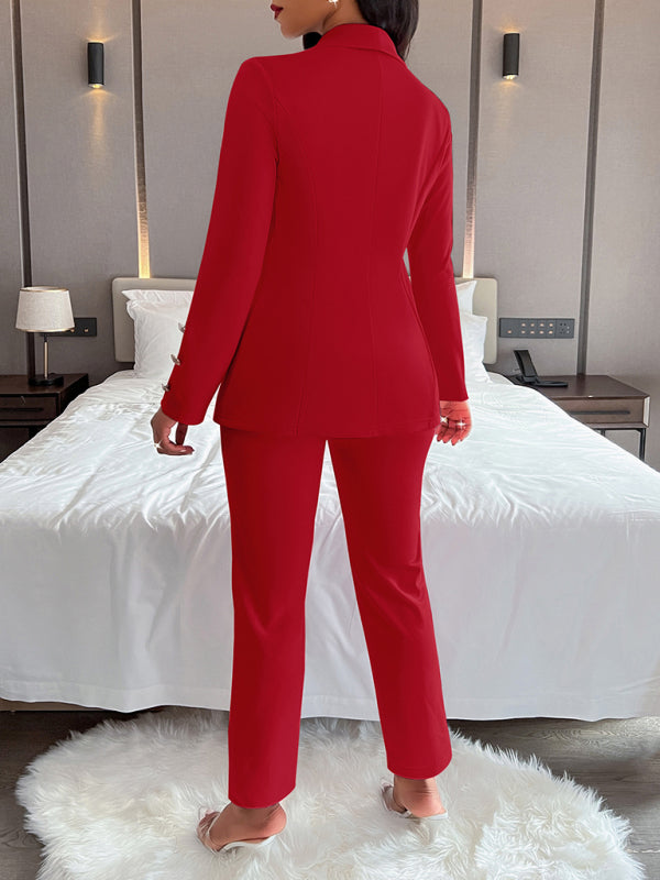 GR | Women's solid color suit with lapels, double-button casual suit 