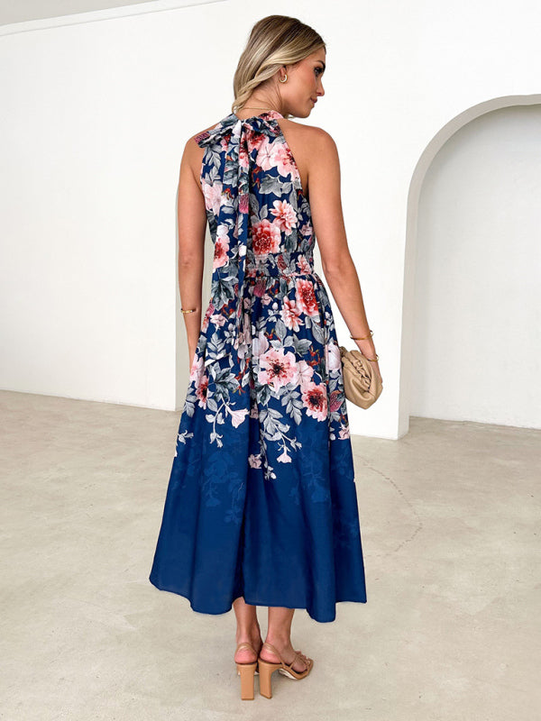 GR | Women's fashionable halter-print waist-slimming dress 