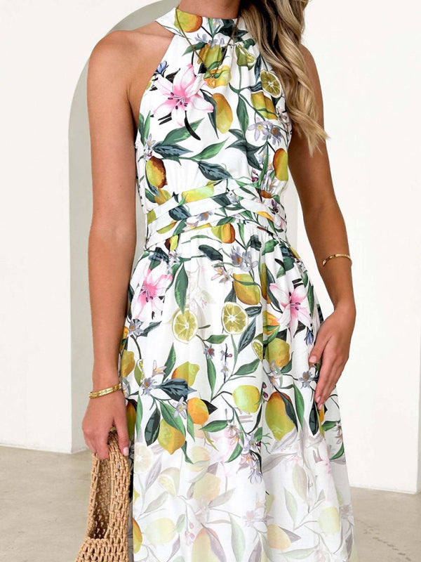GR | Women's fashionable halter-print waist-slimming dress 