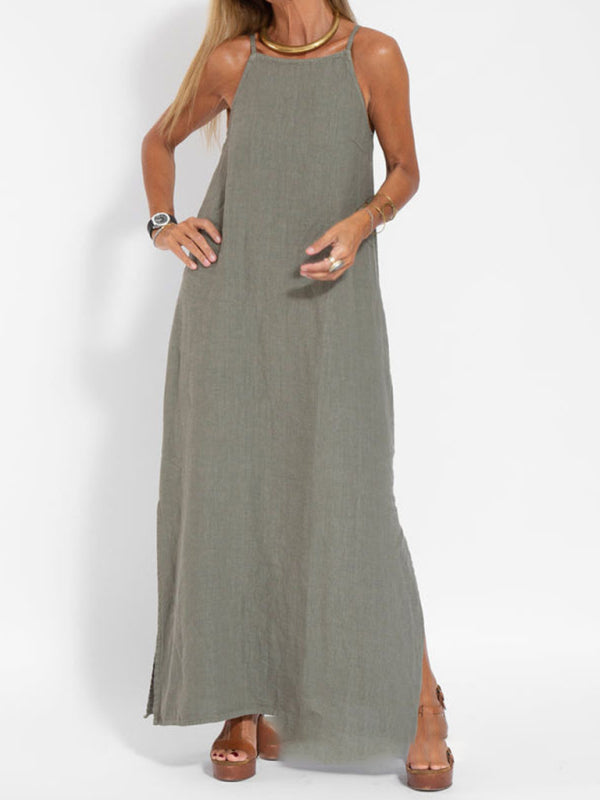 GR | New fashionable casual cotton and linen pinafore dress with slit 