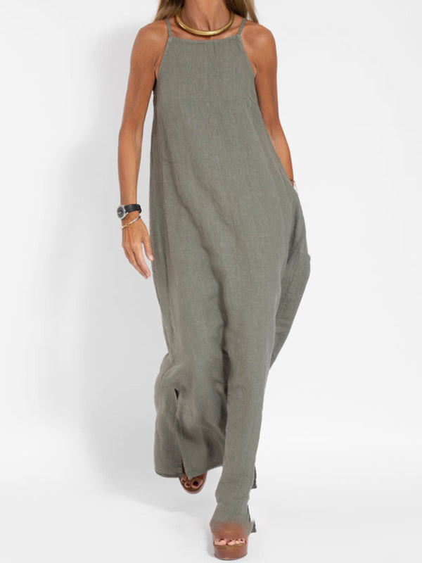 GR | New fashionable casual cotton and linen pinafore dress with slit 