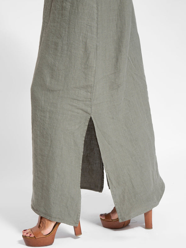 GR | New fashionable casual cotton and linen pinafore dress with slit 