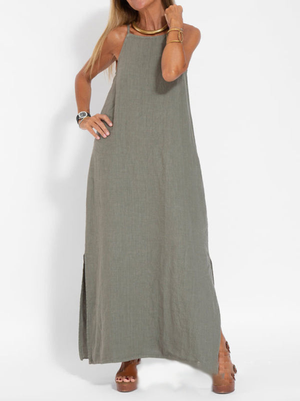 GR | New fashionable casual cotton and linen pinafore dress with slit 