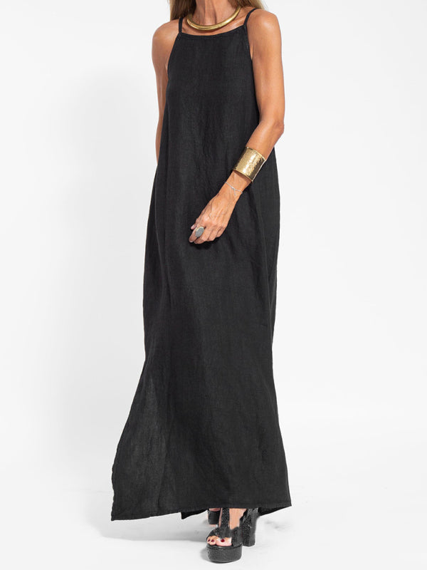 GR | New fashionable casual cotton and linen pinafore dress with slit 