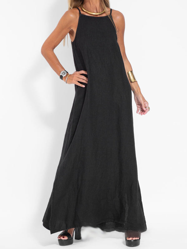 GR | Neues Modisches Lässiges Baumwoll Und Leinen Kleid Mit Schlitz Und Trägern
