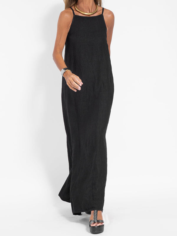 GR | New fashionable casual cotton and linen pinafore dress with slit 