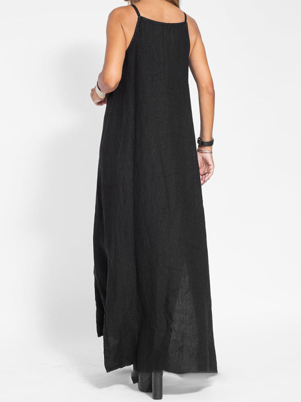 GR | New fashionable casual cotton and linen pinafore dress with slit 