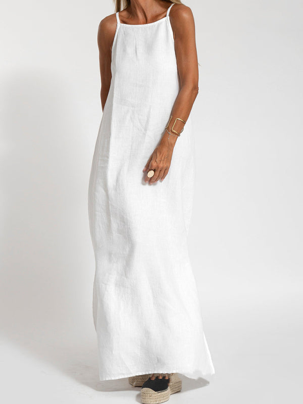 GR | New fashionable casual cotton and linen pinafore dress with slit 