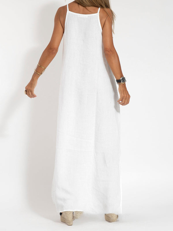 GR | New fashionable casual cotton and linen pinafore dress with slit 